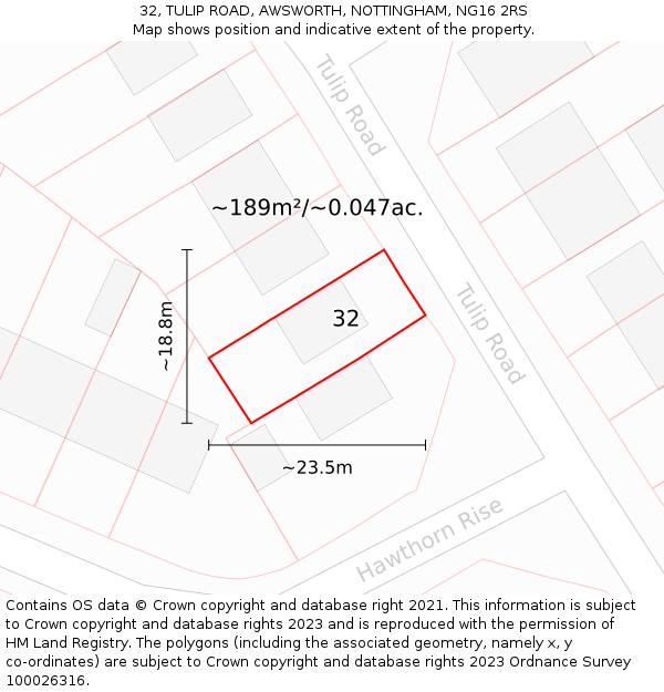 32, TULIP ROAD, AWSWORTH, NOTTINGHAM, NG16 2RS: Plot and title map