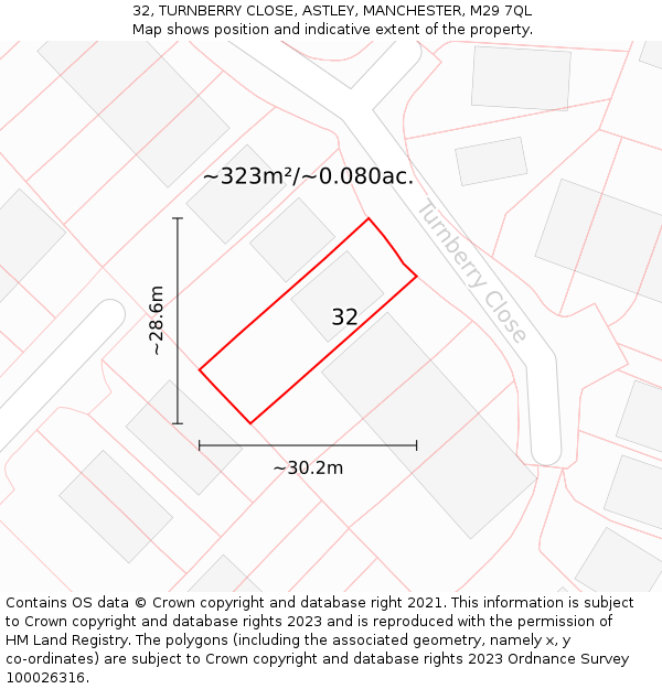 32, TURNBERRY CLOSE, ASTLEY, MANCHESTER, M29 7QL: Plot and title map