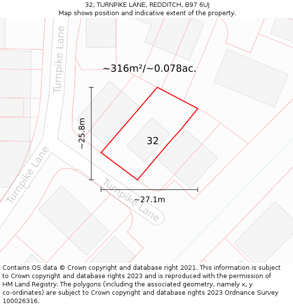 32, TURNPIKE LANE, REDDITCH, B97 6UJ: Plot and title map