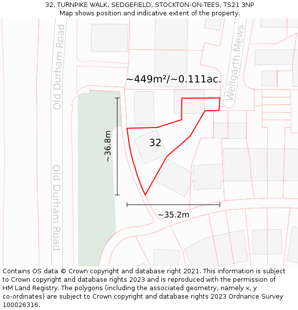 32, TURNPIKE WALK, SEDGEFIELD, STOCKTON-ON-TEES, TS21 3NP: Plot and title map