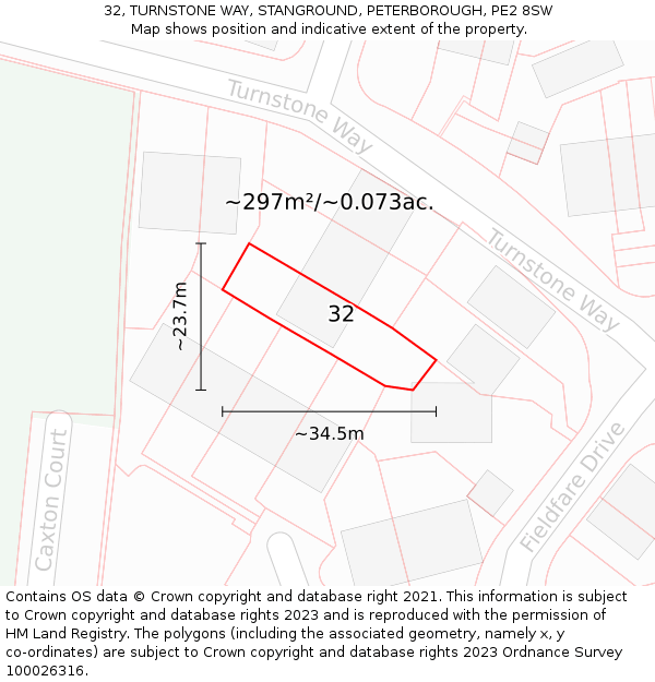 32, TURNSTONE WAY, STANGROUND, PETERBOROUGH, PE2 8SW: Plot and title map