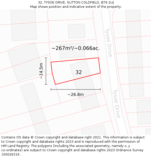 32, TYSOE DRIVE, SUTTON COLDFIELD, B76 2UJ: Plot and title map