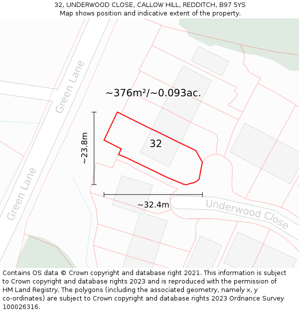 32, UNDERWOOD CLOSE, CALLOW HILL, REDDITCH, B97 5YS: Plot and title map