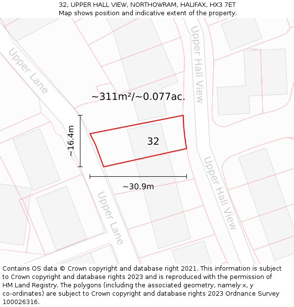 32, UPPER HALL VIEW, NORTHOWRAM, HALIFAX, HX3 7ET: Plot and title map