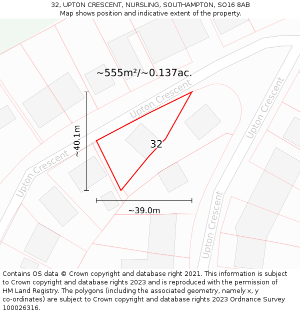 32, UPTON CRESCENT, NURSLING, SOUTHAMPTON, SO16 8AB: Plot and title map