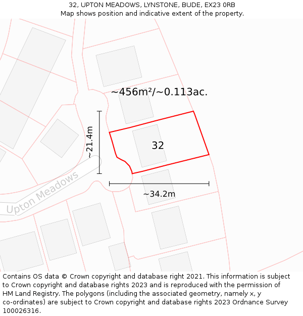 32, UPTON MEADOWS, LYNSTONE, BUDE, EX23 0RB: Plot and title map