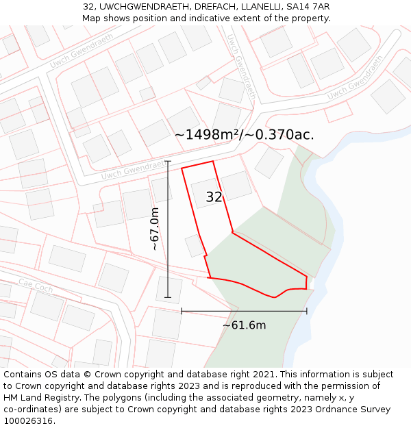 32, UWCHGWENDRAETH, DREFACH, LLANELLI, SA14 7AR: Plot and title map