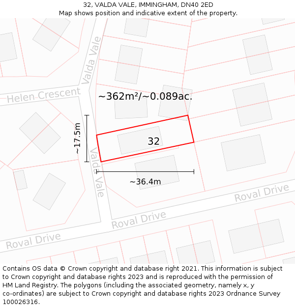 32, VALDA VALE, IMMINGHAM, DN40 2ED: Plot and title map
