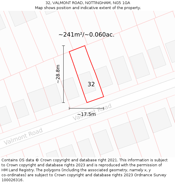 32, VALMONT ROAD, NOTTINGHAM, NG5 1GA: Plot and title map