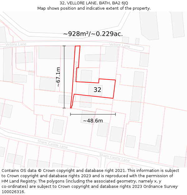 32, VELLORE LANE, BATH, BA2 6JQ: Plot and title map