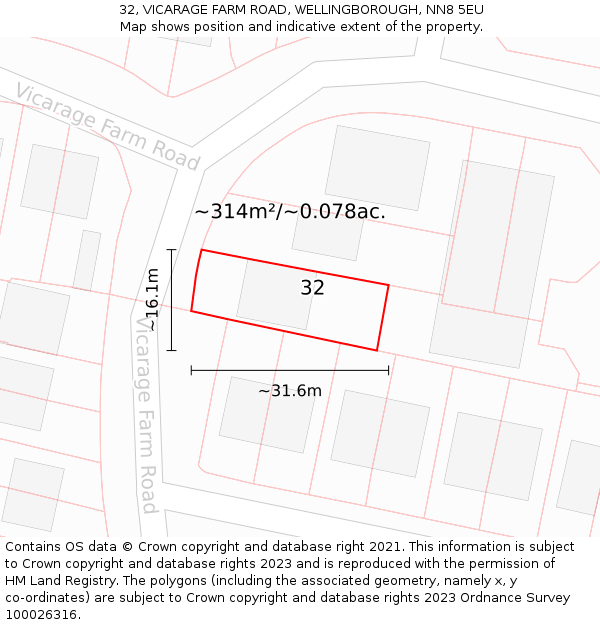 32, VICARAGE FARM ROAD, WELLINGBOROUGH, NN8 5EU: Plot and title map