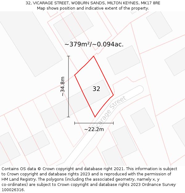32, VICARAGE STREET, WOBURN SANDS, MILTON KEYNES, MK17 8RE: Plot and title map
