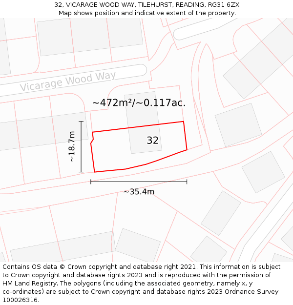 32, VICARAGE WOOD WAY, TILEHURST, READING, RG31 6ZX: Plot and title map