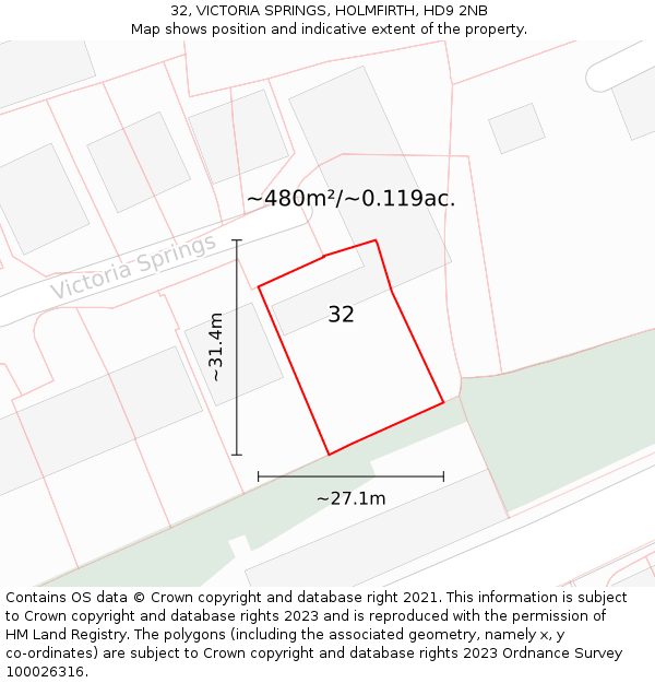 32, VICTORIA SPRINGS, HOLMFIRTH, HD9 2NB: Plot and title map