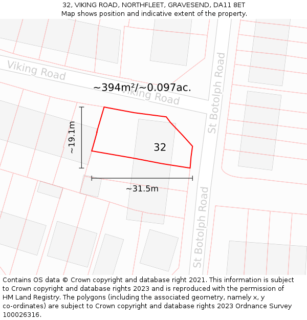 32, VIKING ROAD, NORTHFLEET, GRAVESEND, DA11 8ET: Plot and title map