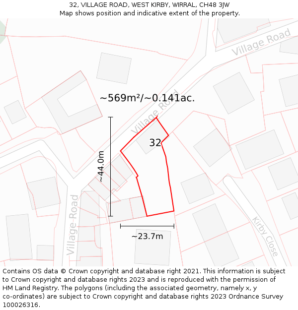 32, VILLAGE ROAD, WEST KIRBY, WIRRAL, CH48 3JW: Plot and title map