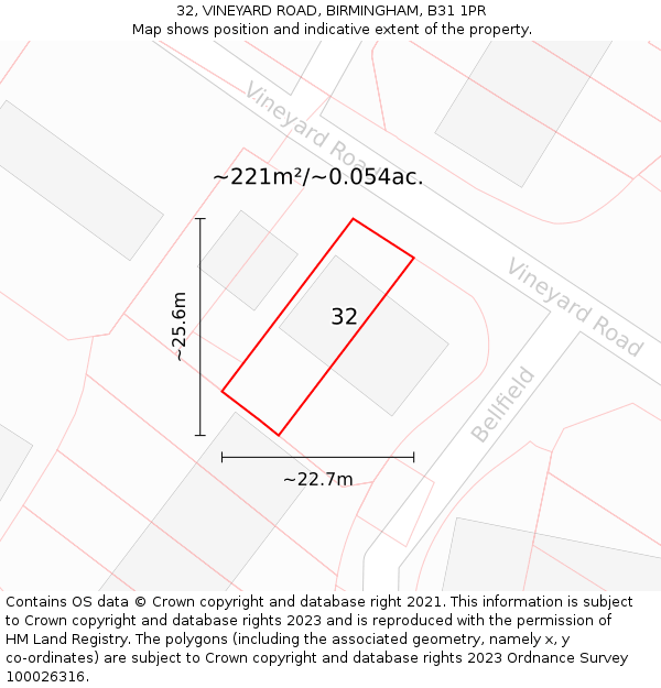 32, VINEYARD ROAD, BIRMINGHAM, B31 1PR: Plot and title map
