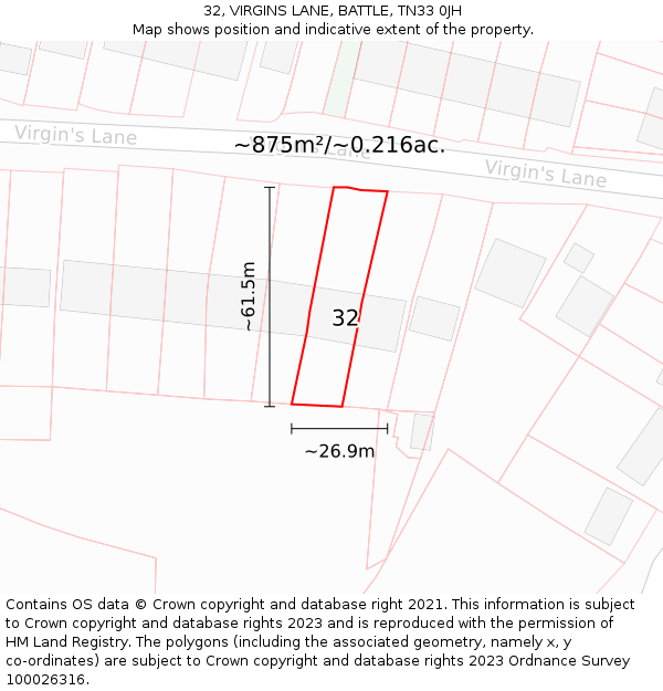 32, VIRGINS LANE, BATTLE, TN33 0JH: Plot and title map