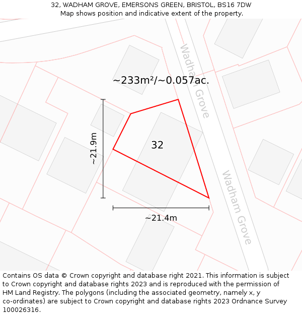 32, WADHAM GROVE, EMERSONS GREEN, BRISTOL, BS16 7DW: Plot and title map