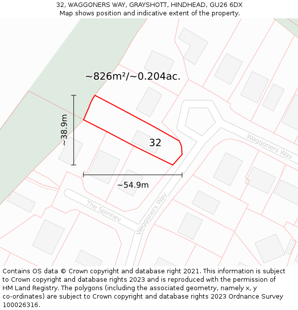 32, WAGGONERS WAY, GRAYSHOTT, HINDHEAD, GU26 6DX: Plot and title map