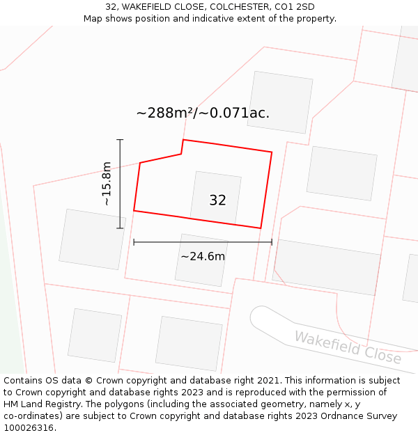 32, WAKEFIELD CLOSE, COLCHESTER, CO1 2SD: Plot and title map