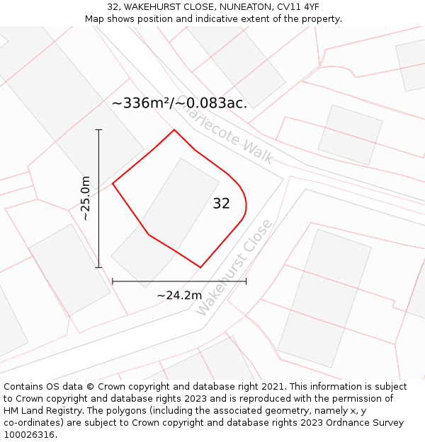32, WAKEHURST CLOSE, NUNEATON, CV11 4YF: Plot and title map