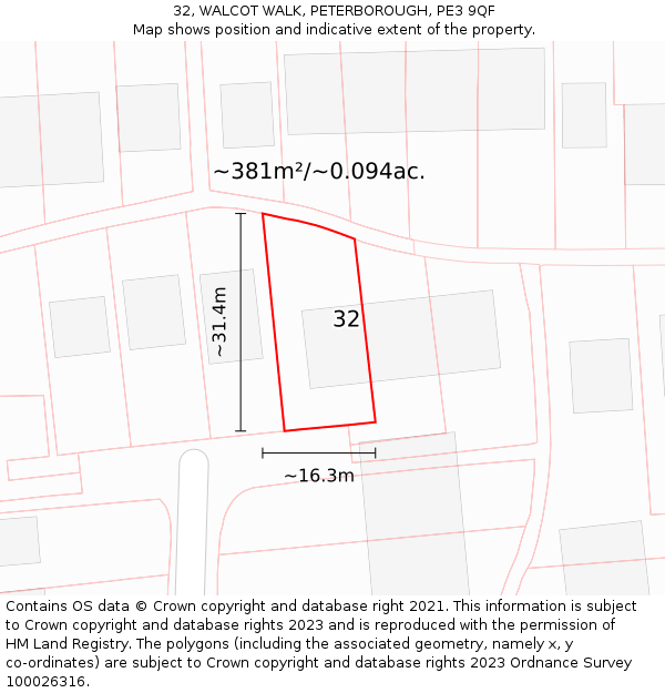 32, WALCOT WALK, PETERBOROUGH, PE3 9QF: Plot and title map