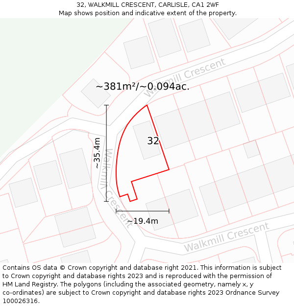32, WALKMILL CRESCENT, CARLISLE, CA1 2WF: Plot and title map