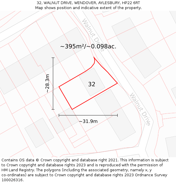 32, WALNUT DRIVE, WENDOVER, AYLESBURY, HP22 6RT: Plot and title map