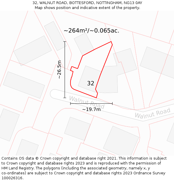 32, WALNUT ROAD, BOTTESFORD, NOTTINGHAM, NG13 0AY: Plot and title map