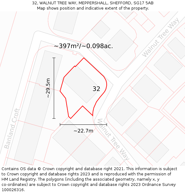 32, WALNUT TREE WAY, MEPPERSHALL, SHEFFORD, SG17 5AB: Plot and title map