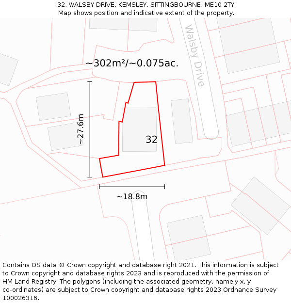 32, WALSBY DRIVE, KEMSLEY, SITTINGBOURNE, ME10 2TY: Plot and title map