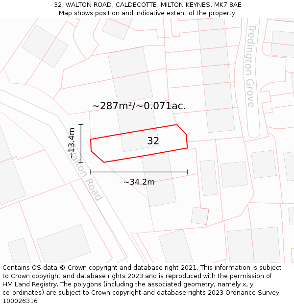 32, WALTON ROAD, CALDECOTTE, MILTON KEYNES, MK7 8AE: Plot and title map