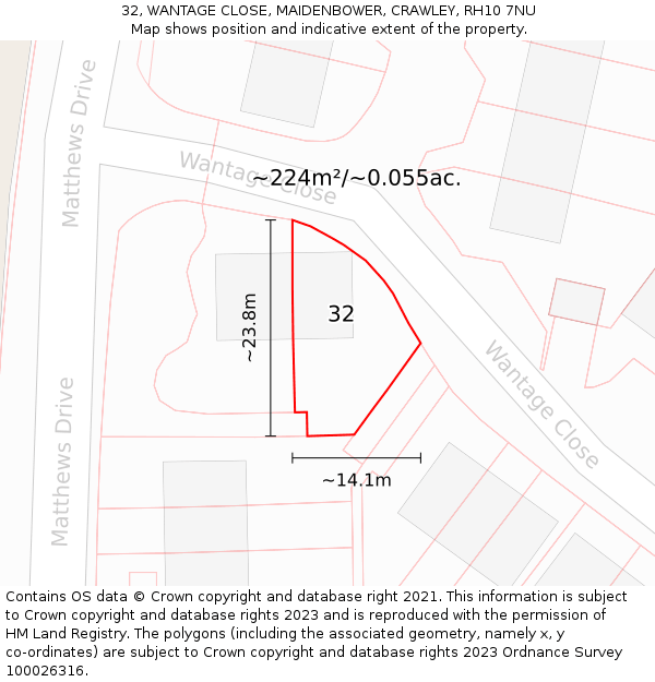 32, WANTAGE CLOSE, MAIDENBOWER, CRAWLEY, RH10 7NU: Plot and title map