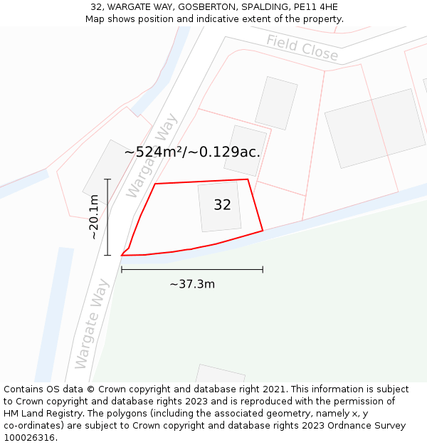 32, WARGATE WAY, GOSBERTON, SPALDING, PE11 4HE: Plot and title map
