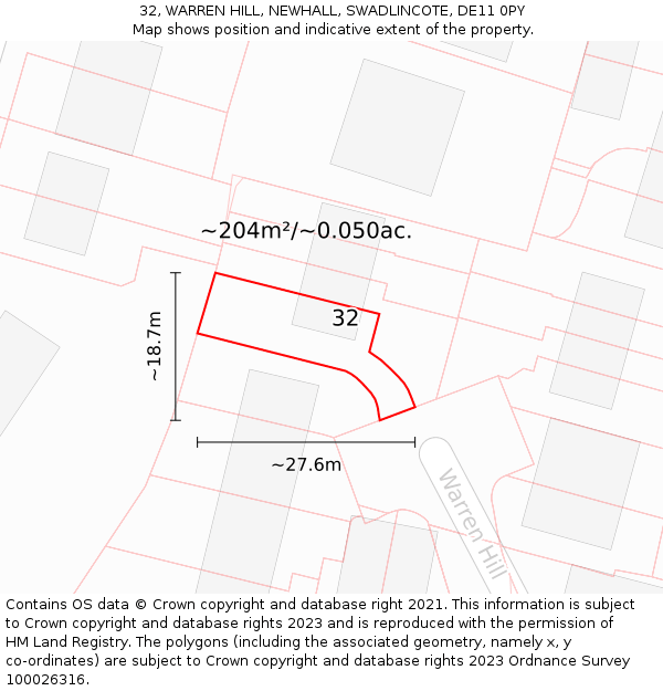 32, WARREN HILL, NEWHALL, SWADLINCOTE, DE11 0PY: Plot and title map