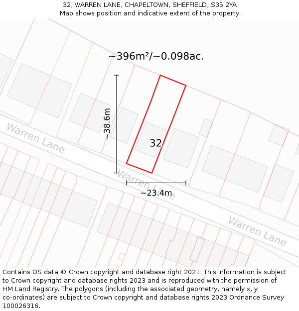 32, WARREN LANE, CHAPELTOWN, SHEFFIELD, S35 2YA: Plot and title map