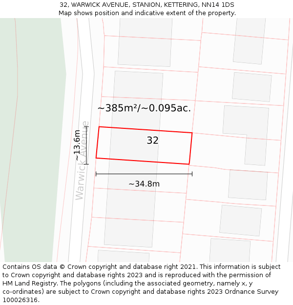 32, WARWICK AVENUE, STANION, KETTERING, NN14 1DS: Plot and title map