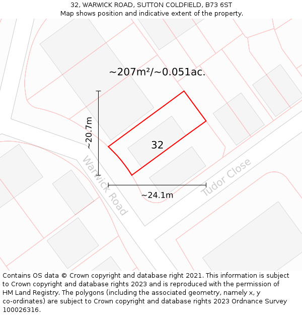 32, WARWICK ROAD, SUTTON COLDFIELD, B73 6ST: Plot and title map