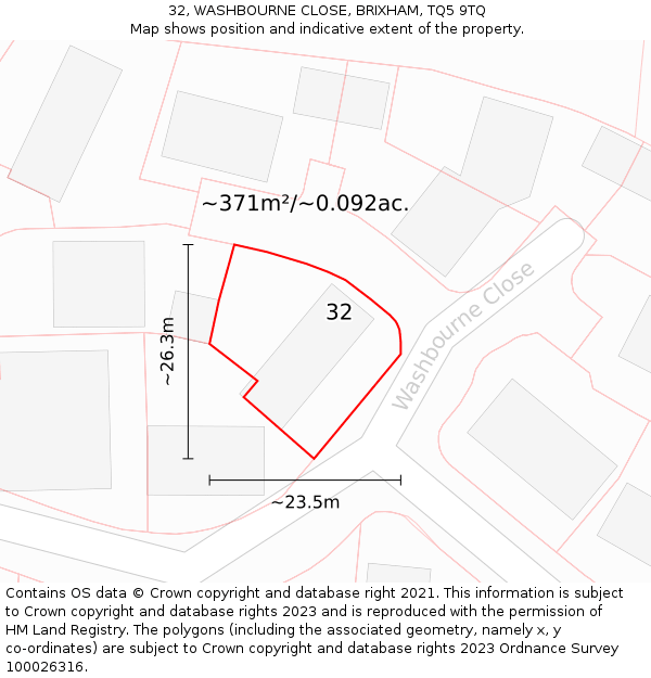 32, WASHBOURNE CLOSE, BRIXHAM, TQ5 9TQ: Plot and title map