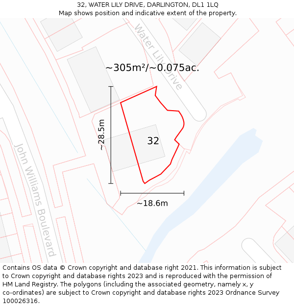 32, WATER LILY DRIVE, DARLINGTON, DL1 1LQ: Plot and title map