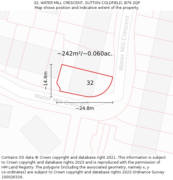 32, WATER MILL CRESCENT, SUTTON COLDFIELD, B76 2QP: Plot and title map