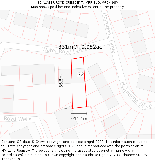 32, WATER ROYD CRESCENT, MIRFIELD, WF14 9SY: Plot and title map