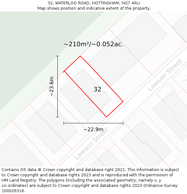 32, WATERLOO ROAD, NOTTINGHAM, NG7 4AU: Plot and title map
