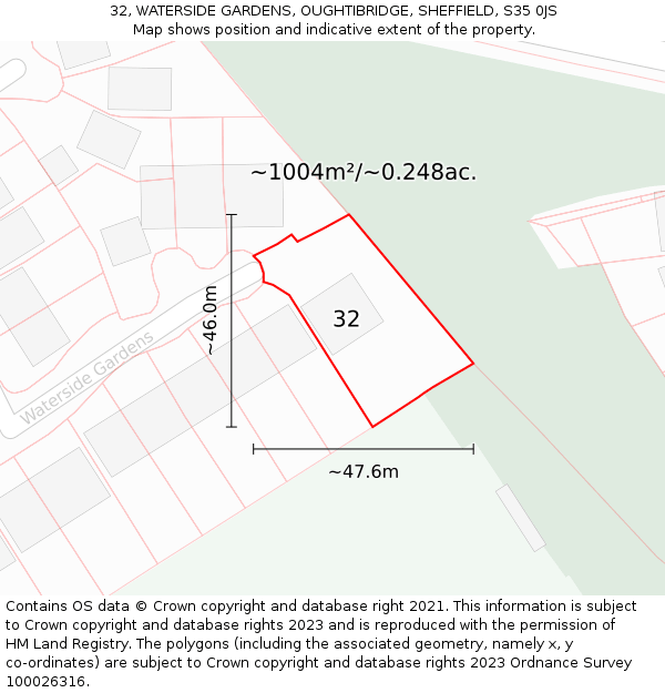 32, WATERSIDE GARDENS, OUGHTIBRIDGE, SHEFFIELD, S35 0JS: Plot and title map