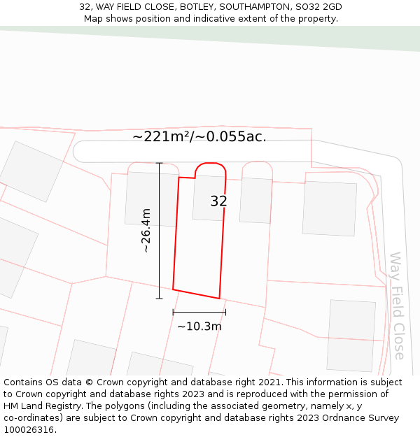32, WAY FIELD CLOSE, BOTLEY, SOUTHAMPTON, SO32 2GD: Plot and title map