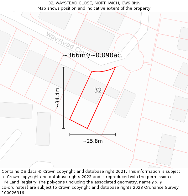 32, WAYSTEAD CLOSE, NORTHWICH, CW9 8NN: Plot and title map
