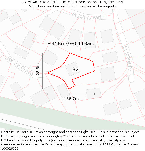 32, WEARE GROVE, STILLINGTON, STOCKTON-ON-TEES, TS21 1NX: Plot and title map