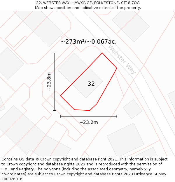 32, WEBSTER WAY, HAWKINGE, FOLKESTONE, CT18 7QG: Plot and title map
