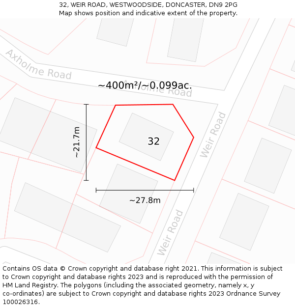 32, WEIR ROAD, WESTWOODSIDE, DONCASTER, DN9 2PG: Plot and title map